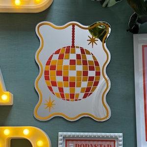 Disco Ball Printed Mirror, Disco Mirrors, Wavy Edge Mirrors, Disco Themed Wall Art, Disco Party Decor, Glitterball Prints, Disco Ball Print