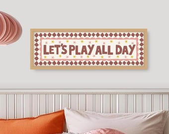 Let's Play All Day Print, Let's Play All Day Print, Bedroom Prints for Kids, Kids Playroom Pictures, Kids Prints in Oak Frames
