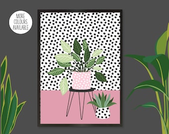Cute Peace Lilly Print, Plant Illustration, Botanical Print, Cute Spotty Plant Poster, House Plant Poster, Teal Plant Print, Plant Pictures