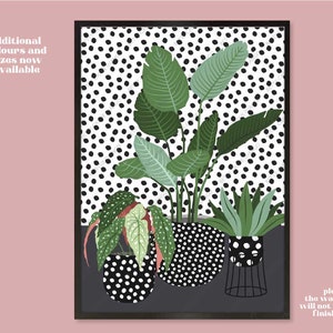 May include: Black and white polka dot background with three potted plants. The plants are green with large leaves and are in black pots with white polka dots. The pots are sitting on a dark grey surface. The text "please note the watermark will not be on the finished print" is at the bottom of the image.