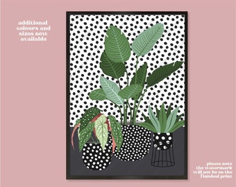 May include: Black and white polka dot background with three potted plants. The plants are green with large leaves and are in black pots with white polka dots. The pots are sitting on a dark gray surface. The text "please note the watermark will not be on the finished print" is at the bottom of the image.