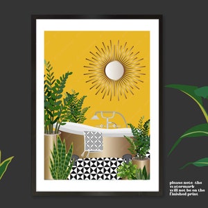 May include: A digital illustration of a bathroom with a gold bathtub, a black and white tiled floor, and a large, sunburst mirror on a yellow wall. There are several green plants in the room.