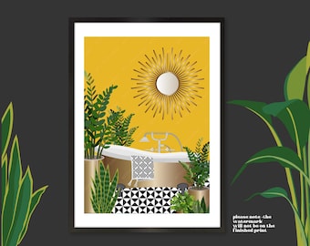 Bathroom Sunray Mirror and Plants Print, Botanical Bathroom Print, Rose Gold Prints, Moroccan Tiled Bathroom Print, Beautiful Bathrooms