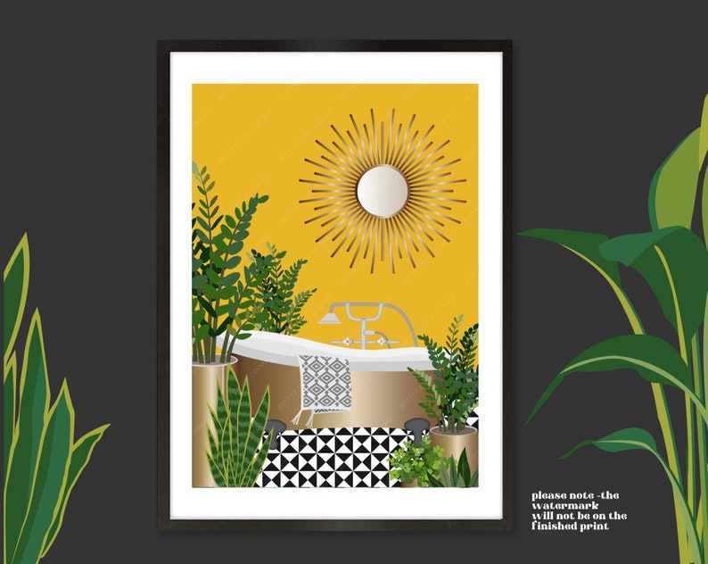 May include: A digital illustration of a bathroom with a gold bathtub, a black and white tiled floor, and a large, sunburst mirror on a yellow wall. There are several green plants in the room.