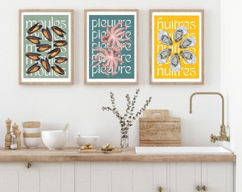 Sea Food Poster Set, Set of Prints Seafood, Shell Fish Art, Wall Art Shell Fish, Kitchen Decor Shell Fish, French Style Kitchen Wall Art
