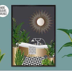 May include: A framed illustration of a bathroom with a gold bathtub, a black and white tiled floor, and a gold sunburst mirror. The bathroom is decorated with plants.