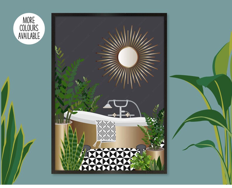 May include: A framed illustration of a bathroom with a gold bathtub, a black and white tiled floor, and a gold sunburst mirror. The bathroom is decorated with plants.