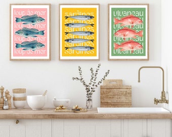 Sea Food Poster Set, Sea Food Prints, Sea Food Print Set, Keuken Prints Sea Food, Franse keukenafdrukken, Franse Typografie Print Set