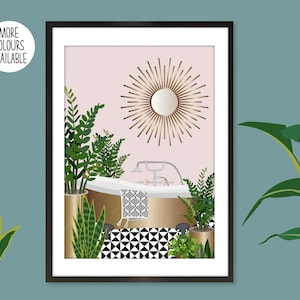 May include: A digital illustration of a bathroom with a gold bathtub, a gold mirror with a sunburst design, and green plants. The floor is black and white checkered tiles.