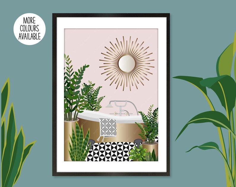 May include: A digital illustration of a bathroom with a gold bathtub, a gold mirror with a sunburst design, and green plants. The floor is black and white checkered tiles.