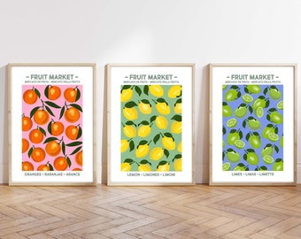 Fruit Market Poster Set, Kitchen Prints, Fruit Posters, Cartel del Mercado de Frutas, Mercato della Frutta, Poster Mercato
