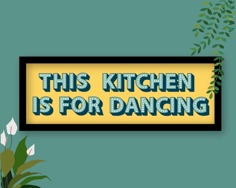 This Kitchen Is For Dancing Framed Print, Kitchen Dancing Print, Kitchen Disco Print, Kitchen Slogans, Kitchen Dancing Sign Yellow / Black Frame