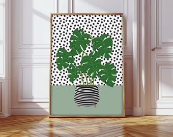 Monstera Plant Print, Monstera Plant Wall Art, Sage Background Plant Print, Modern Plant Wall Print, Botanical Print, Pink Plant Wall Art