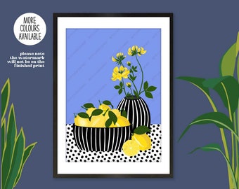 Lovely Lemons Print, Vibrant Lemons Print, Lemons Still Life Print, Lemons in Stripey Bowl Print, Lemons Wall Art, Fruit Prints