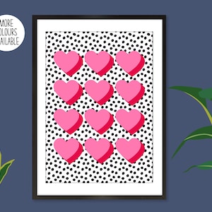 Pink Heart Print, Pink Heart Poster, Pink and Red Hearts Print, Pink Hearts on Spots Print, Pink Hearts on Animal Print