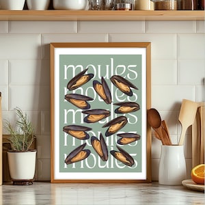 May include: A green poster with the word "moules" repeated in a pattern. The poster features a collection of illustrated mussels in various positions.