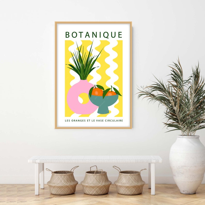 Botanique moderne stillevenposter, citroenen en vaasstilleven, donutvaas kunst aan de muur, golvende lijnenprint met fruit en vaas afbeelding 6