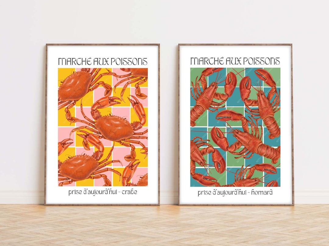 Kitchen Fish Poster Lobster Kitchen Poster Set, French Seafood Market Posters, Fruits De Le ...