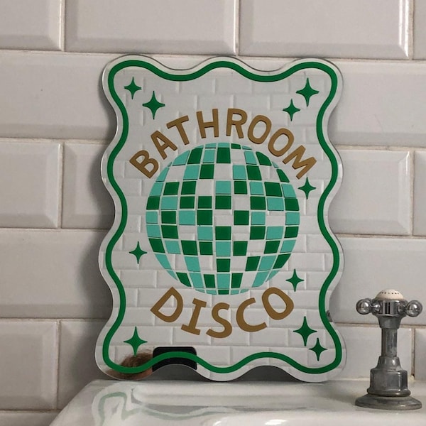 Espejo de baño con temática disco, espejos con bola de discoteca, espejos con purpurina, decoración de pared con temática disco, decoración disco, decoración de baño original