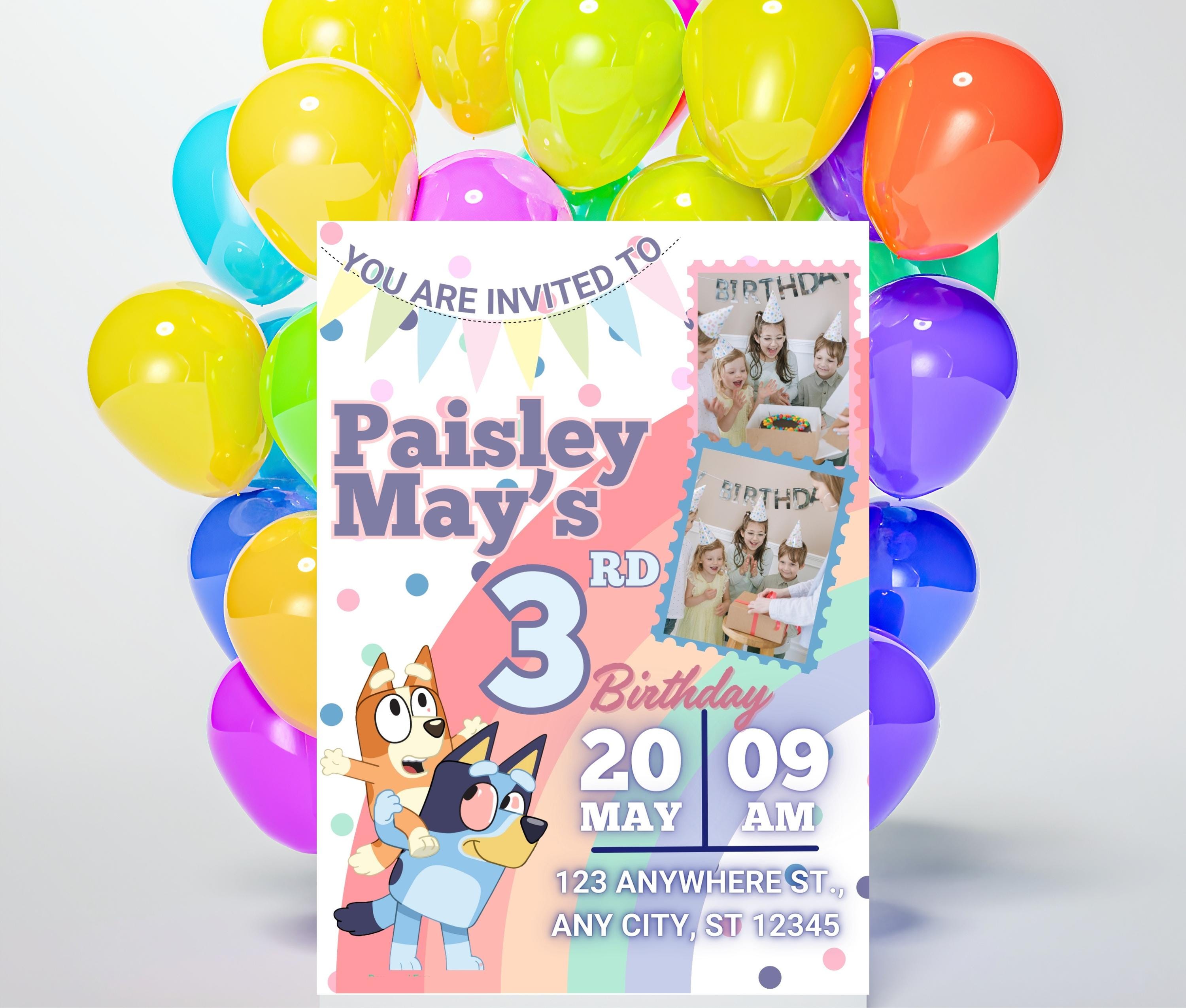 Pastel Rainbow Editable Bluey Invite