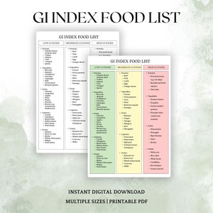Glycemische index, glycemische belasting, voedsellijstgrafiek, patiënteneducatie, spiekbriefje, voedsel voor afdrukbare planner met een lage GI-dieet, digitale download