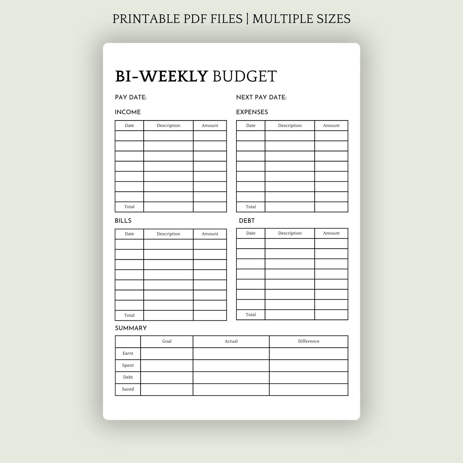 BI WEEKLY Budget Overview Template Printable Paycheck Budget Printable