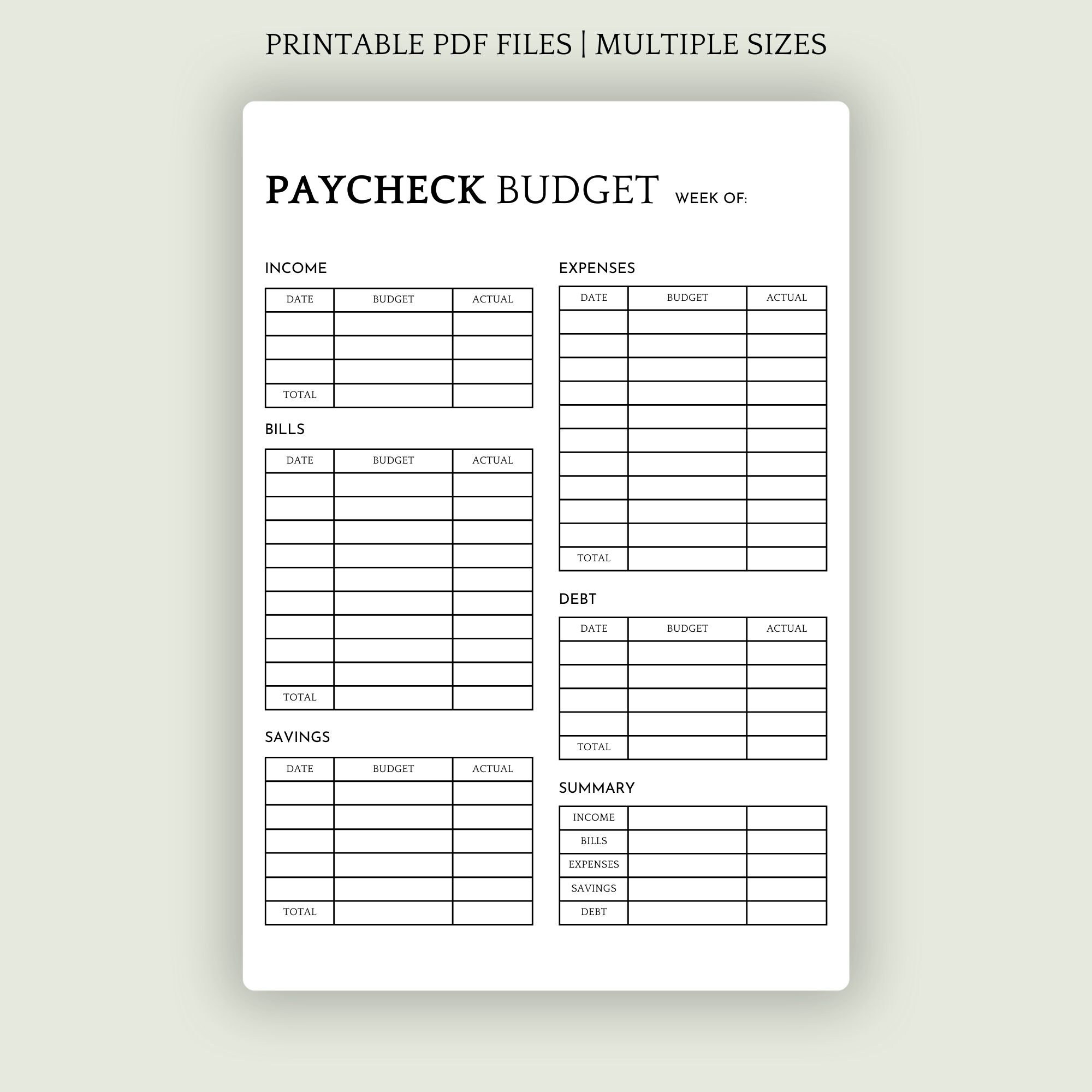 Paycheck Budget Overview Template Printable, Paycheck Budget Printable