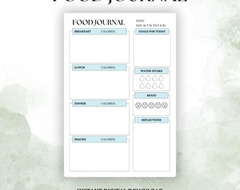 May include: A printable food journal template with sections for breakfast, lunch, dinner, snacks, water intake, mood, and reflections. The template is designed with a light blue and green color scheme and includes the text "FOOD JOURNAL".
