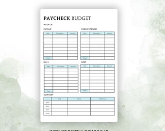 May include: A printable budget planner with sections for income, fixed expenses, bills, and debt. The planner has a light blue and white color scheme and includes a summary section for tracking earnings, spending, debt, and savings.