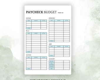May include: A printable budget planner with sections for income, expenses, bills, debt, and savings. The planner has a light blue and green color scheme and includes a summary section at the bottom.
