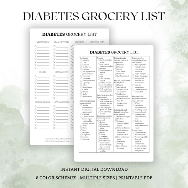 Diabetes Lebensmittel Liste zum Ausdrucken, Diabetes Lebensmittel Liste, zuckerarme Lebensmittel Liste, Food Tracker, Mahlzeiten Planer und Lebensmittel Planer, Wochenplaner