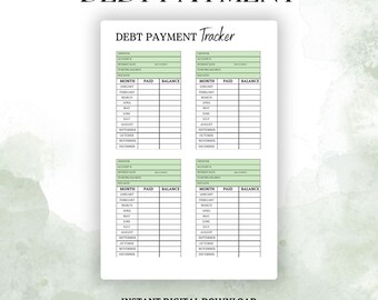 May include: A printable debt payment tracker with four sections for tracking debt payments. Each section has columns for month, paid, and balance. The tracker is designed to help people manage their debt and track their progress.