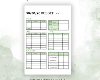 Puede incluir: Una hoja de cálculo de presupuesto 50/30/20 imprimible con secciones para ingresos, necesidades, deseos, ahorros/deudas y un resumen. La hoja de cálculo está diseñada para ayudar a las personas a realizar un seguimiento de sus finanzas y asignar sus ingresos.
