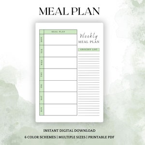 Weekly Meal Planner & Grocery List Printable PDF, Digital Download Meal Planner, Meal Prep, Printable Meal Planner, Weekly Menu Planner