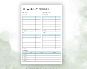 May include: A printable bi-weekly budget planner with sections for income, expenses, bills, debt, and a summary. The planner has a light blue and white color scheme.