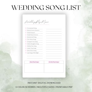 Printable Wedding Song List, Wedding Playlist, Wedding Music List, DJ Song List, Wedding DJ Questionnaire, Wedding Processional Songs, PDF