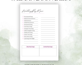 Printable Wedding Song List, Wedding Playlist, Wedding Music List, DJ Song List, Wedding DJ Questionnaire, Wedding Processional Songs, PDF