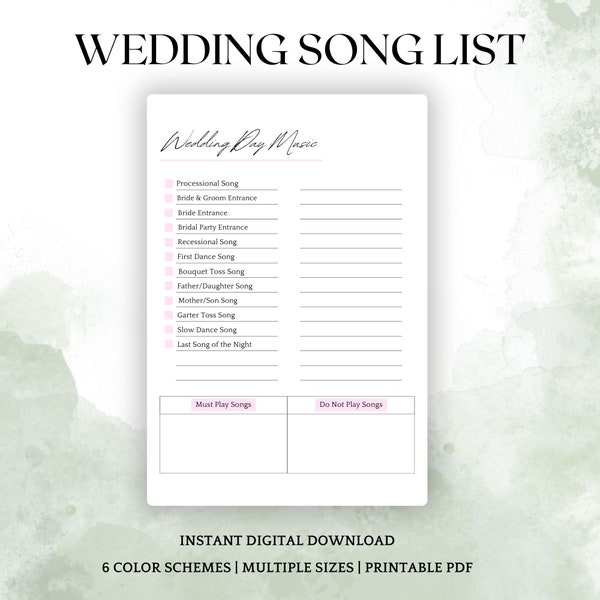 Printable Wedding Song List, Wedding Playlist, Wedding Music List, DJ Song List, Wedding DJ Questionnaire, Wedding Processional Songs, PDF