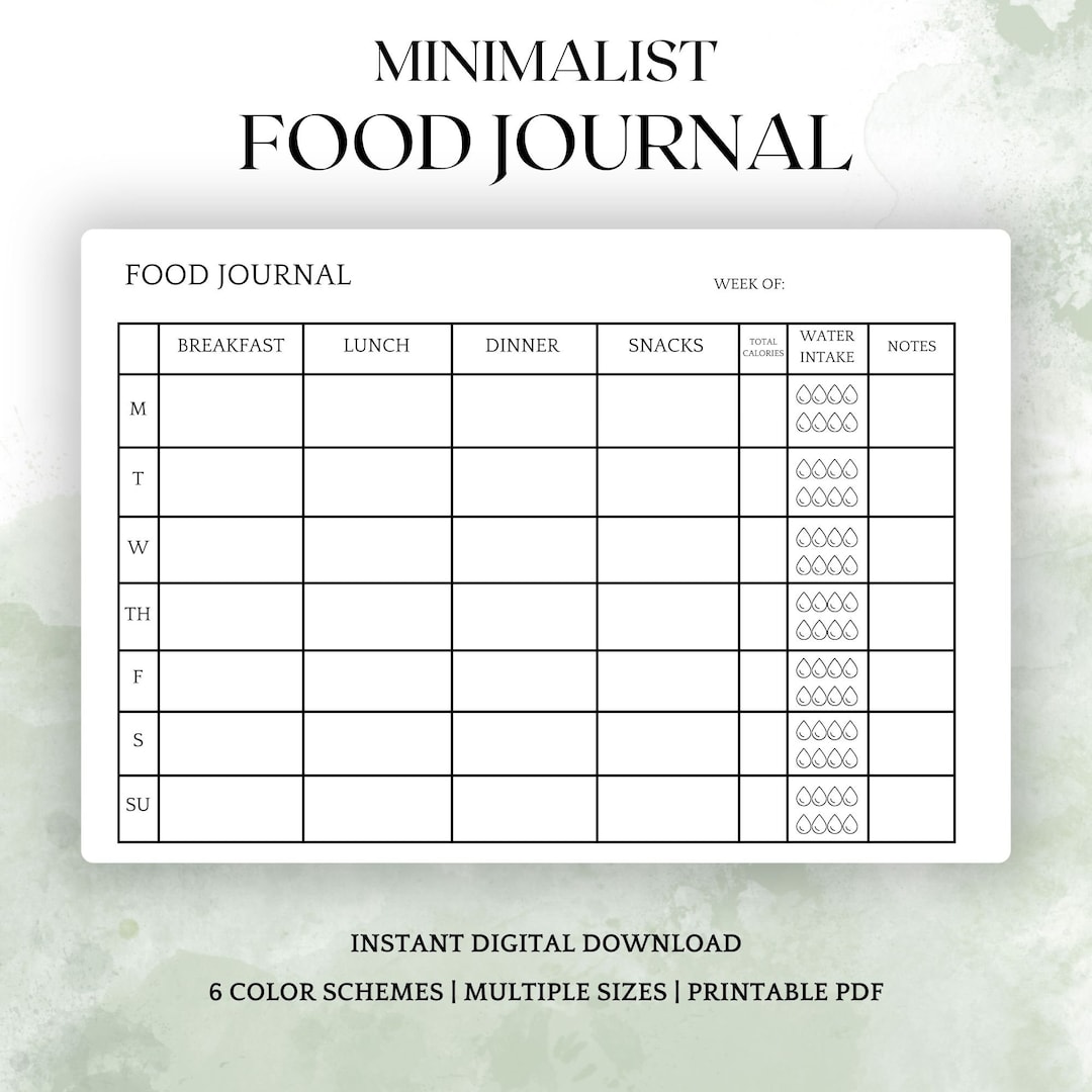 Printable Minimalist Food Journal, Weekly Food Journal With Hydration ...