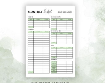 May include: A printable monthly budget planner with sections for income, savings, debts, sinking funds, and expenses. The planner includes a summary section to track totals and remaining funds.