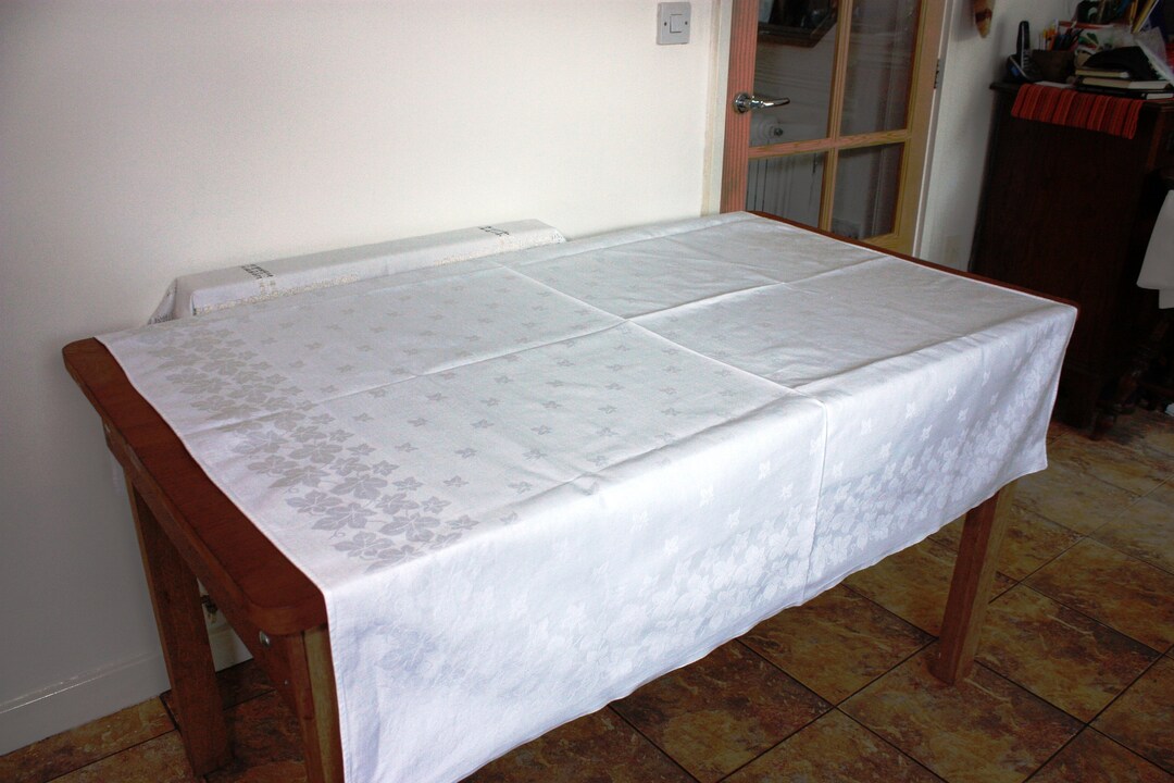 White Damask Linen Square Table Cloth With Vine Leaf Design Etsy