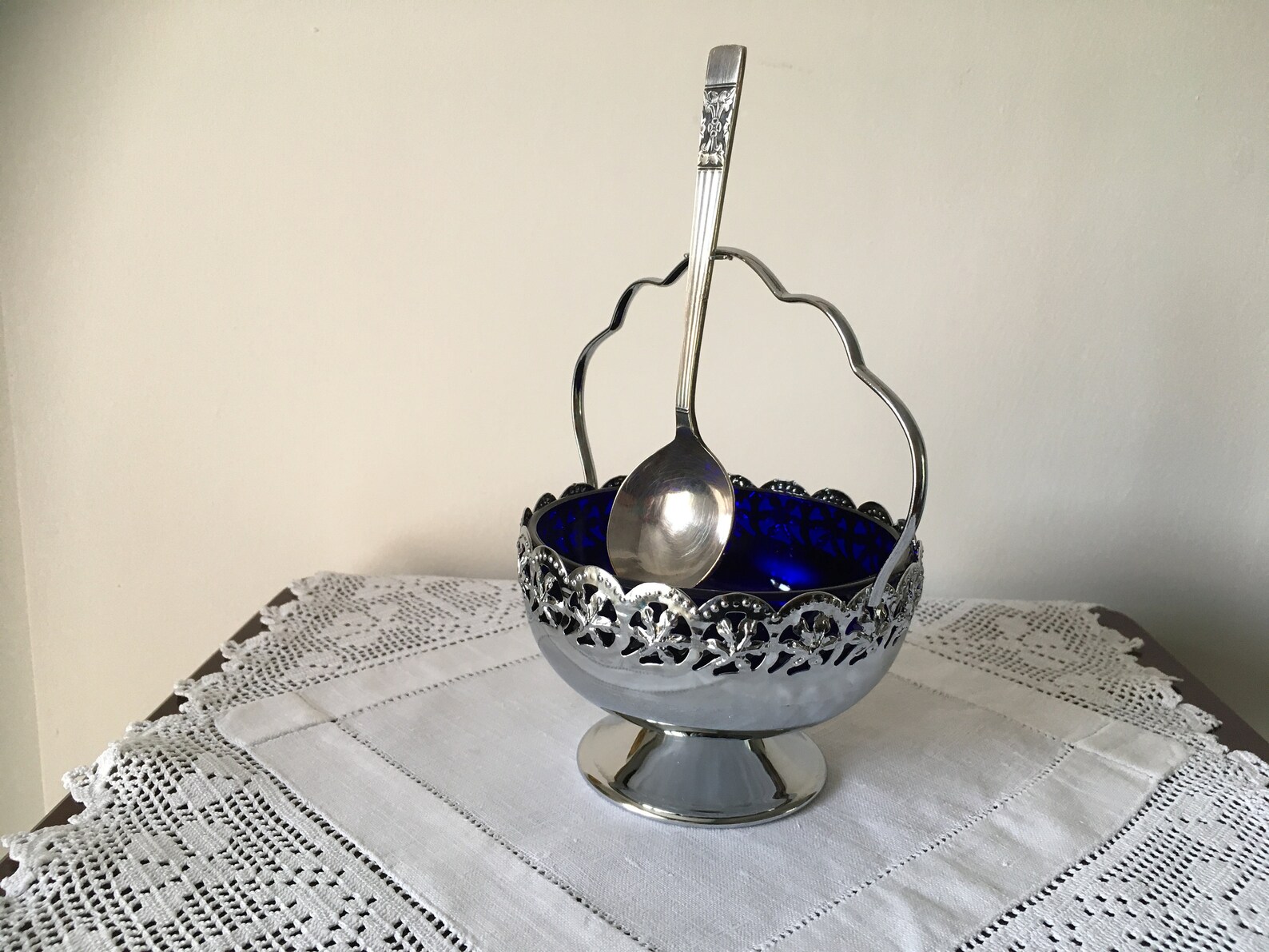 Glass Sugar Bowl and Spoon With Chrome Plate Holder Etsy Nederland