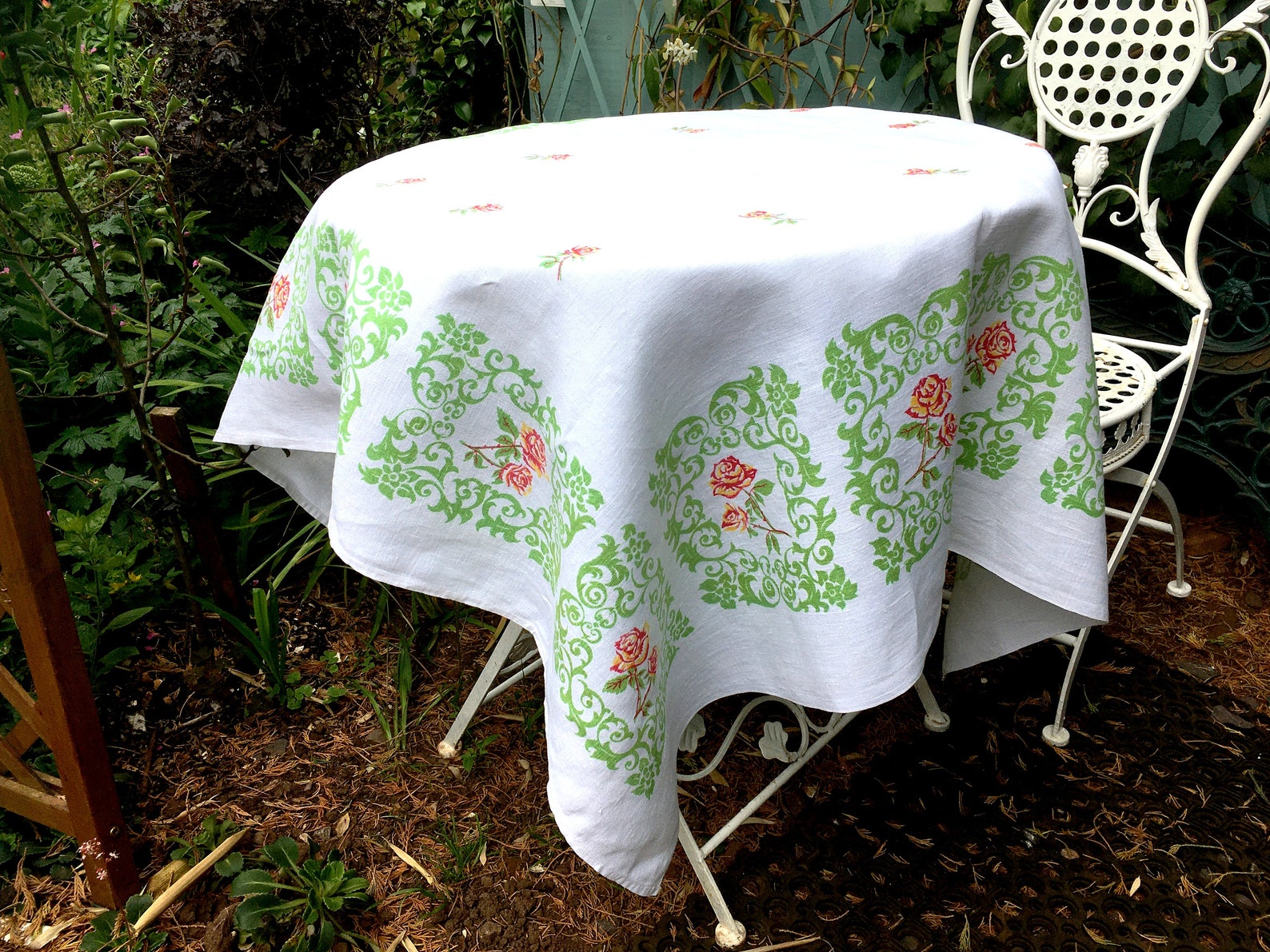 White Linen Tablecloth in Printed colourful Floral Design Etsy