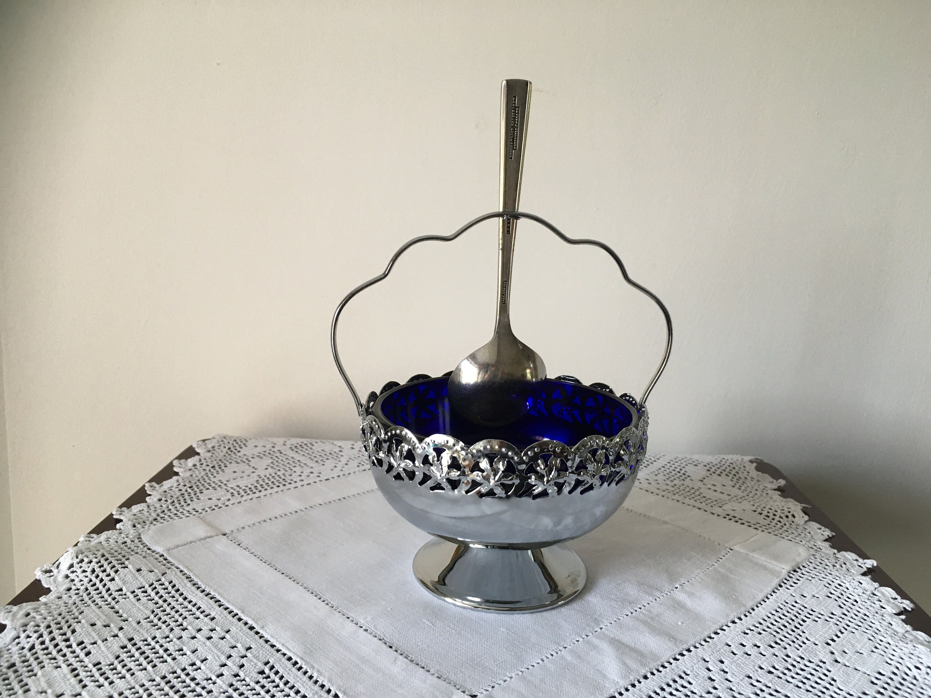 Glass Sugar Bowl and Spoon With Chrome Plate Holder Etsy Nederland