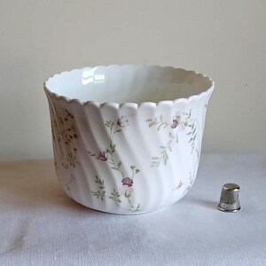 May include: White ceramic planter with a scalloped rim and a floral design in shades of purple and green. The planter has a spiral pattern and a small metal thimble is next to it.