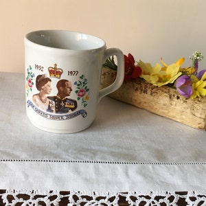 Queen Elizabeth II Silver Jubilee Ceramic Mug 1952-1977 Featuring the Duke of Edinburgh The Crown & Floral Symbols of the UK