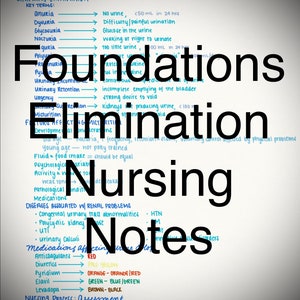 May include: A handwritten chart with the title "Elimination" and "Foundations" in large, bold letters. The chart lists key terms related to urinary elimination, including anuria, dysuria, glycosuria, nocturia, polyuria, and more. The chart also includes information about diseases associated with renal problems, medications affecting urine color, and a nursing process assessment.