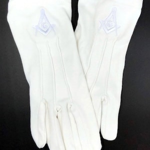FreimaurerHandschuhe - Baumwolle, Druckknopf, weiß bestickte Embleme