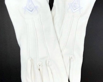 Masonic Gloves - Katoen, Snap-Wrist, Wit Geborduurde Emblemen