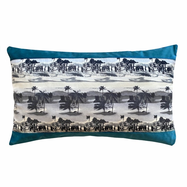 Housse style photo vintage noir/blanc, en velours paon bleu et coton imprimé plage et palmiers, style Colonial décontracté, 30x50 cm/ 12x20’